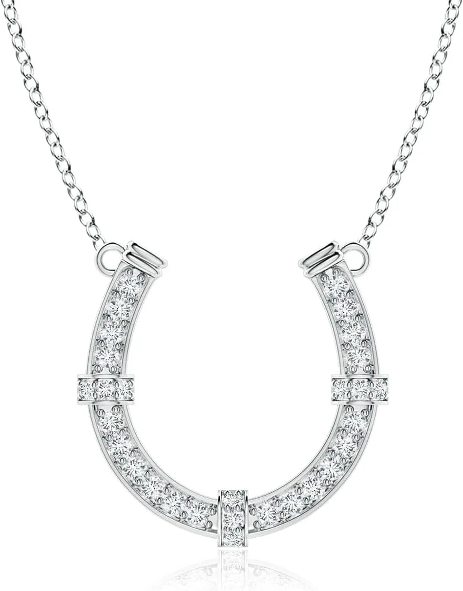 Angara Lab Grown Pave-Set Diamond Horseshoe Pendant Necklace in 14K Solid Gold/Platinum | April Birthstone, Birthday, Engagement, Anniversary, Wedding Jewelry Gift for Women