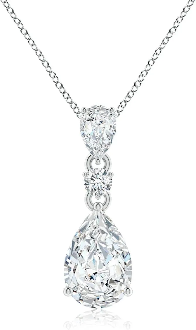 Angara Lab Grown Pear and Round Diamond Three Stone Pendant in Silver / 14K Solid Gold/Platinum | April Birthstone, Birthday, Engagement, Anniversary, Wedding Jewelry Gift for Women