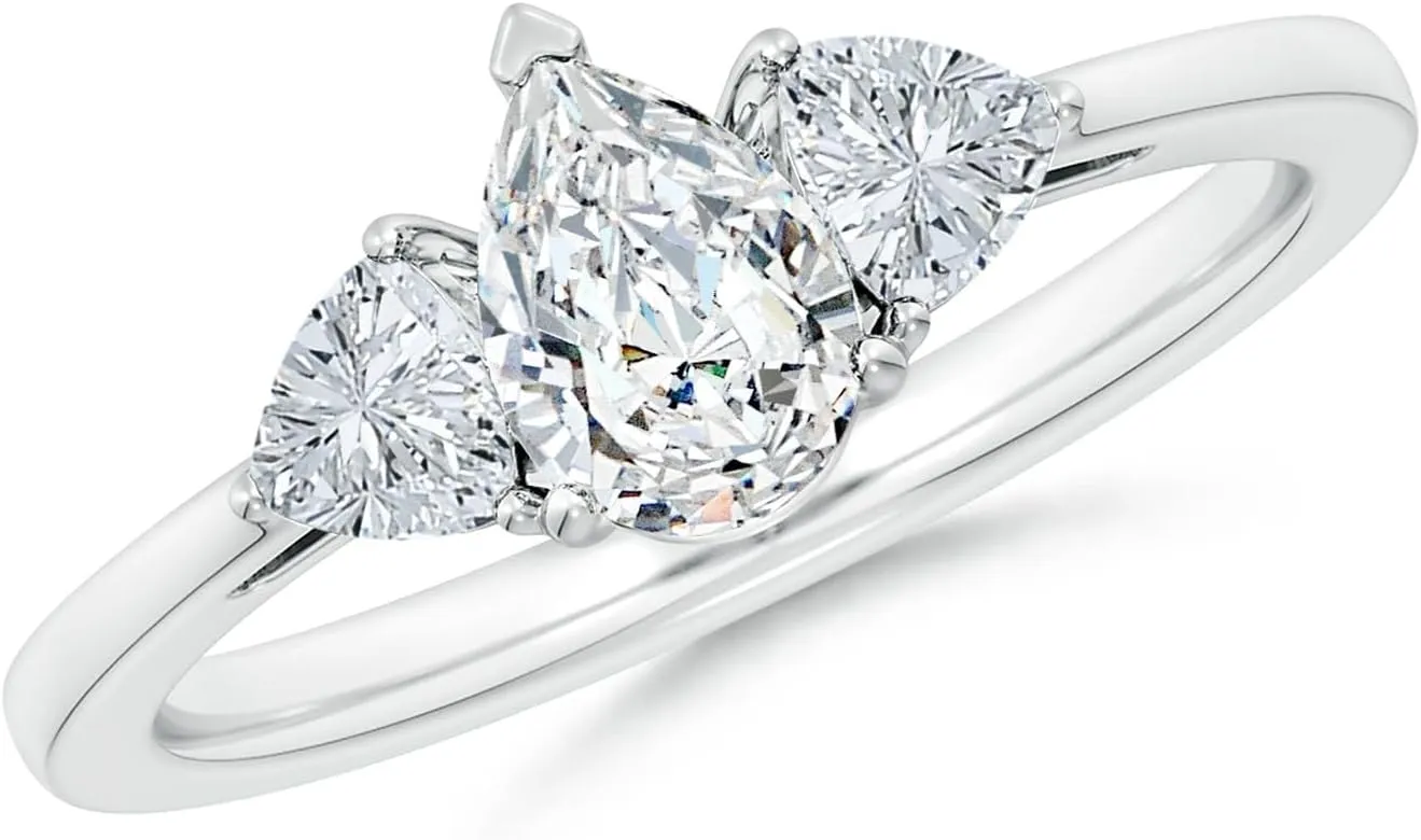 Angara Lab Grown Pear and Trillion Diamond Three Stone Reverse Tapered Shank Engagement Ring in Silver / 14K Solid Gold/Platinum | April Birthstone, Birthday, Anniversary Jewelry Gift for Women