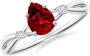 Angara Lab Grown Pear Ruby Side Stone Engagement Ring in 14K Solid Gold/Platinum | July Birthstone, Birthday, Anniversary, Wedding Jewelry Gift for Women