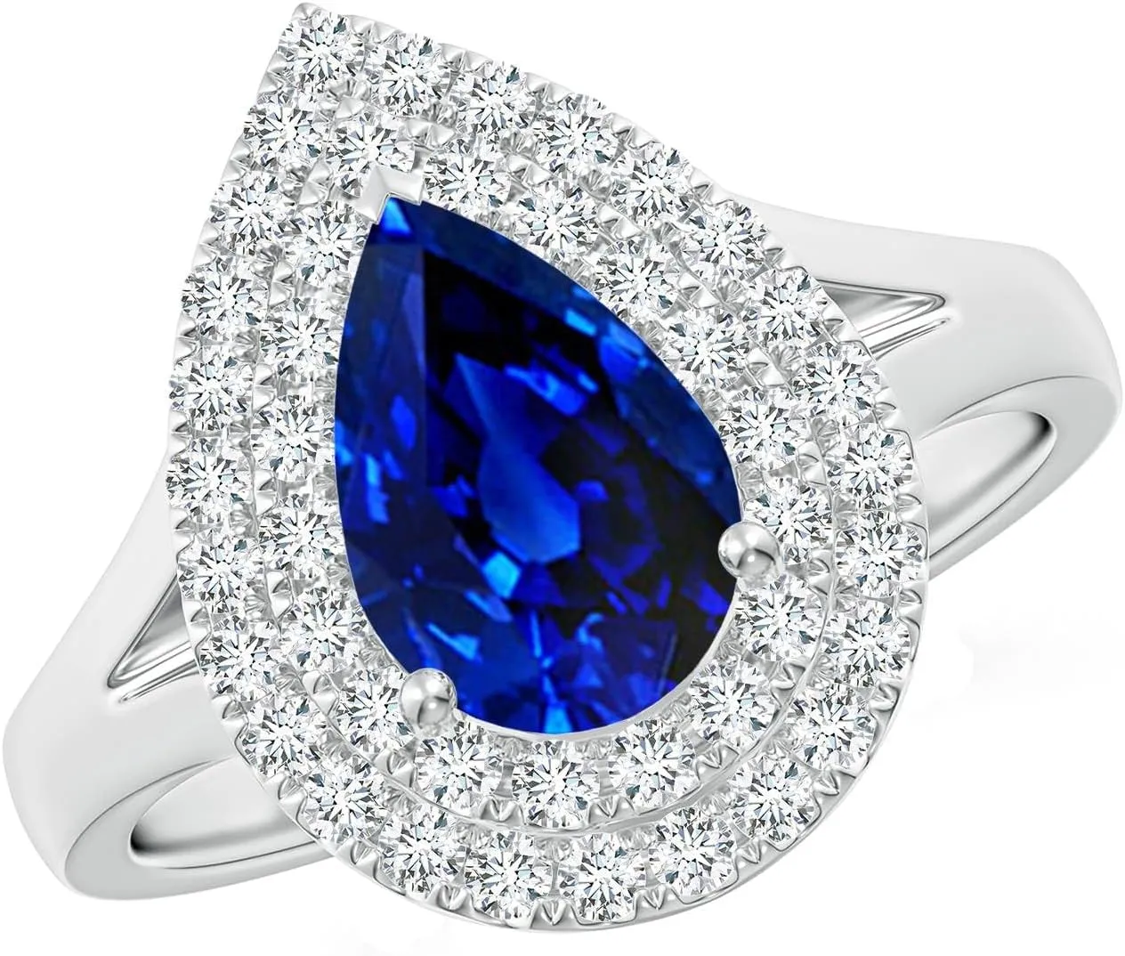 Angara Lab Grown Pear-Shaped Blue Sapphire Double Halo Engagement Ring in 14K Solid Gold/Platinum | September Birthstone, Birthday, Anniversary, Wedding Jewelry Gift for Women