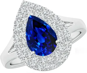 Angara Lab Grown Pear-Shaped Blue Sapphire Double Halo Engagement Ring in 14K Solid Gold/Platinum | September Birthstone, Birthday, Anniversary, Wedding Jewelry Gift for Women