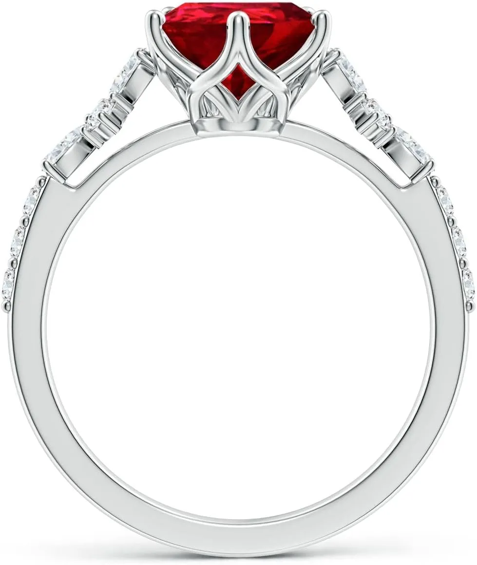 Angara Lab Grown Pear-Shaped Ruby Side Stone Engagement Ring with Accents in 14K Solid Gold/Platinum | July Birthstone, Birthday, Anniversary, Wedding Jewelry Gift for Women