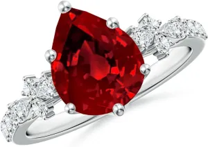 Angara Lab Grown Pear-Shaped Ruby Side Stone Engagement Ring with Accents in 14K Solid Gold/Platinum | July Birthstone, Birthday, Anniversary, Wedding Jewelry Gift for Women