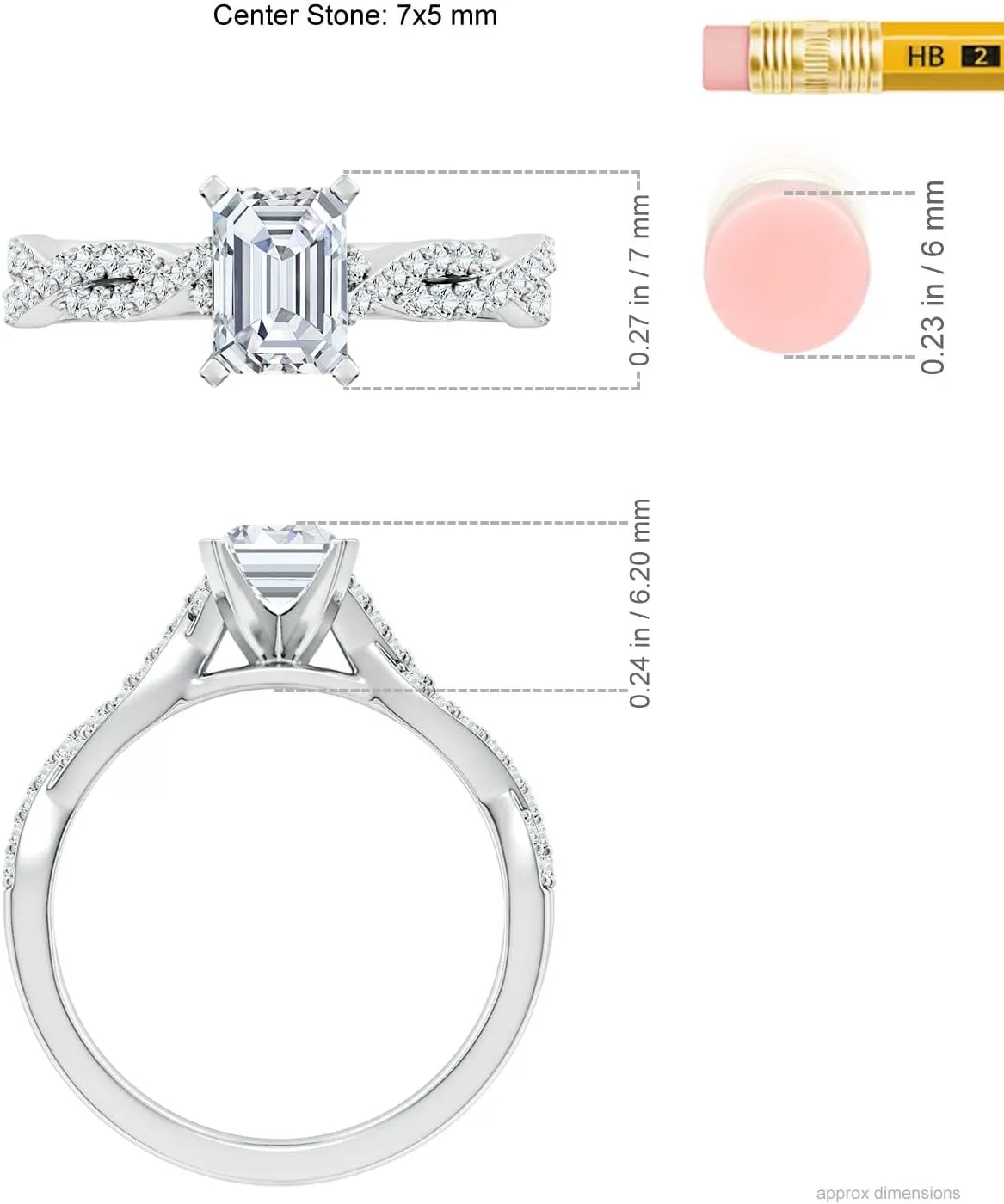 Angara Lab Grown Peg Head Emerald-Cut Diamond Twist Shank Engagement Ring in Silver / 14K Solid Gold/Platinum | April Birthstone, Birthday, Anniversary, Wedding Jewelry Gift for Women