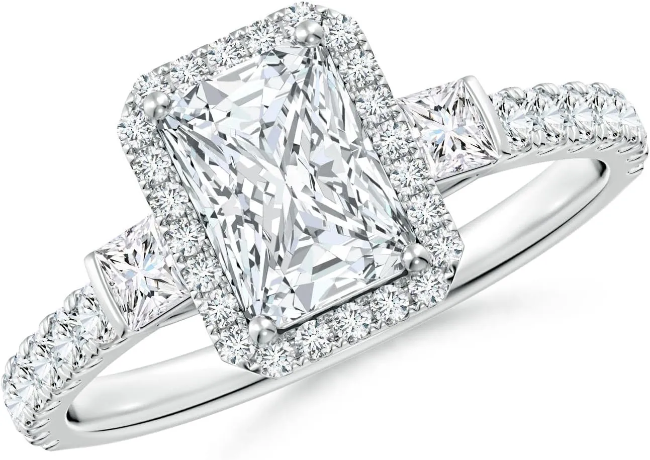 Angara Lab Grown Radiant-Cut Diamond Side Stone Halo Engagement Ring in Silver / 14K Solid Gold/Platinum | April Birthstone, Birthday, Anniversary, Wedding Jewelry Gift for Women