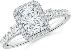 Angara Lab Grown Radiant-Cut Diamond Side Stone Halo Engagement Ring in Silver / 14K Solid Gold/Platinum | April Birthstone, Birthday, Anniversary, Wedding Jewelry Gift for Women