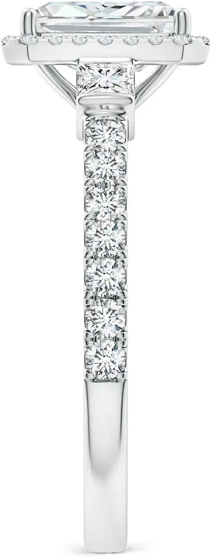 Angara Lab Grown Radiant-Cut Diamond Side Stone Halo Engagement Ring in Silver / 14K Solid Gold/Platinum | April Birthstone, Birthday, Anniversary, Wedding Jewelry Gift for Women