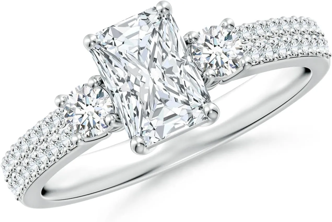 Angara Lab Grown Radiant-Cut Diamond Side Stone Knife-Edge Shank Engagement Ring in Silver / 14K Solid Gold/Platinum | April Birthstone, Birthday, Anniversary, Wedding Jewelry Gift for Women