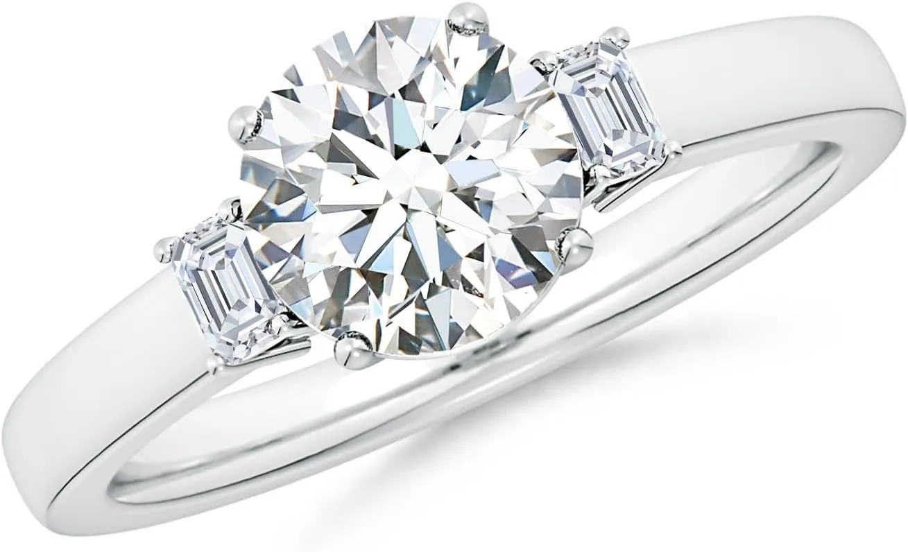 Angara Lab Grown Round and Emerald-Cut Diamond Three Stone Engagement Ring in Silver / 14K Solid Gold/Platinum | April Birthstone, Birthday, Anniversary, Wedding Jewelry Gift for Women