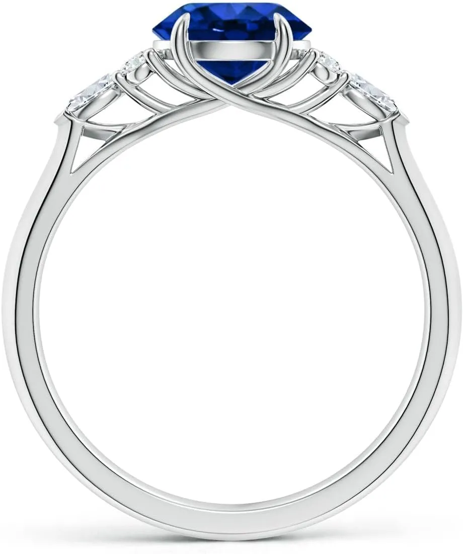 Angara Lab Grown Round Blue Sapphire Side Stone Engagement Ring with Diamonds in 14K Solid Gold/Platinum | September Birthstone, Birthday, Anniversary, Wedding Jewelry Gift for Women