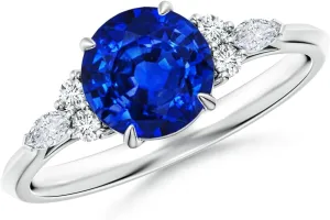 Angara Lab Grown Round Blue Sapphire Side Stone Engagement Ring with Diamonds in 14K Solid Gold/Platinum | September Birthstone, Birthday, Anniversary, Wedding Jewelry Gift for Women