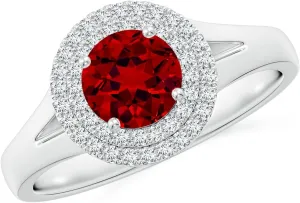 Angara Lab Grown Round Ruby Double Halo Engagement Ring in 14K Solid Gold/Platinum | July Birthstone, Birthday, Anniversary, Wedding Jewelry Gift for Women