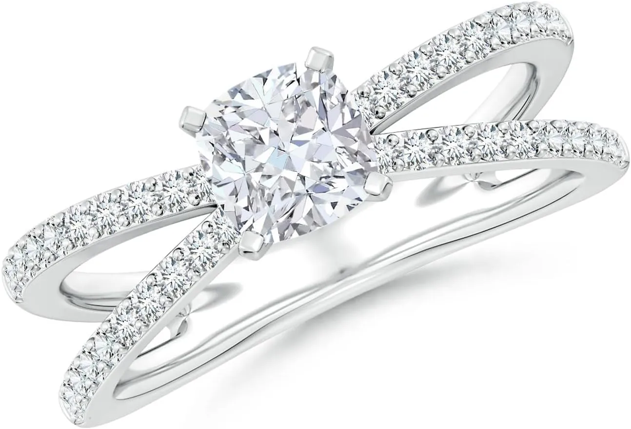 Angara Lab Grown Solitaire Cushion Diamond Crossover Shank Engagement Ring in Silver / 14K Solid Gold/Platinum | April Birthstone, Birthday, Anniversary, Wedding Jewelry Gift for Women