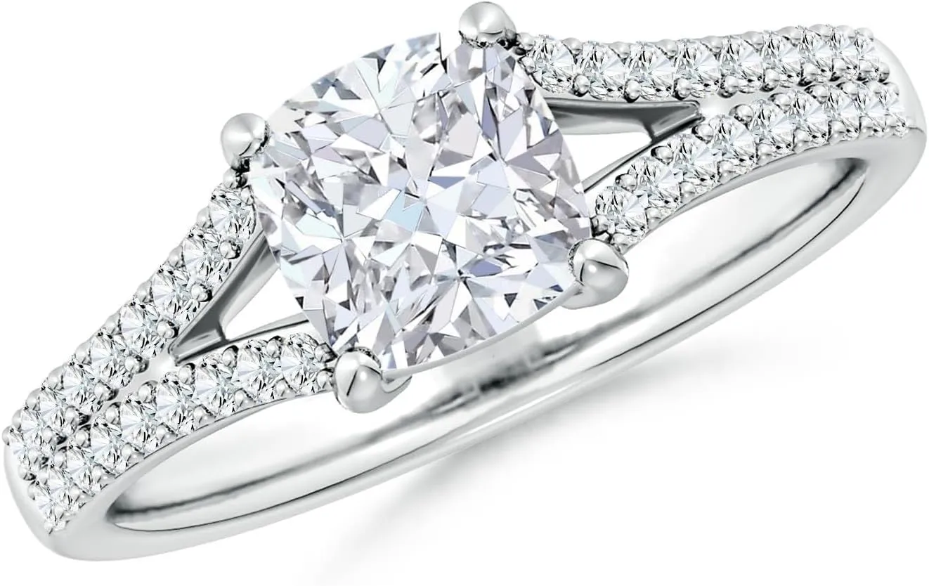 Angara Lab Grown Solitaire Cushion Diamond Split Shank Engagement Ring in Silver / 14K Solid Gold/Platinum | April Birthstone, Birthday, Anniversary, Wedding Jewelry Gift for Women