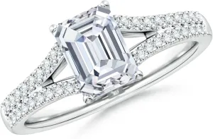 Angara Lab Grown Solitaire Emerald-Cut Diamond Split Shank Engagement Ring in Silver / 14K Solid Gold/Platinum | April Birthstone, Birthday, Anniversary, Wedding Jewelry Gift for Women