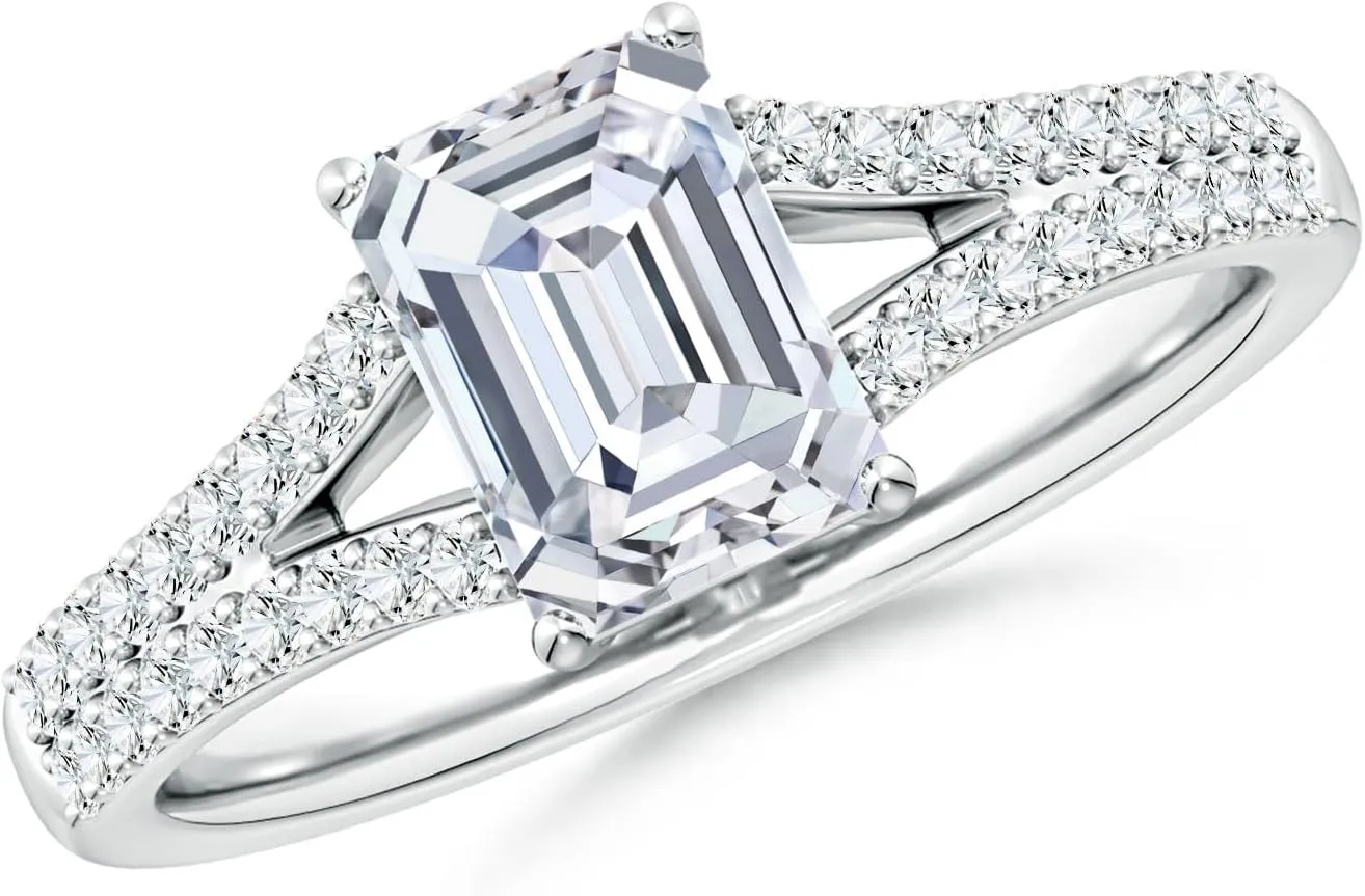 Angara Lab Grown Solitaire Emerald-Cut Diamond Split Shank Engagement Ring in Silver / 14K Solid Gold/Platinum | April Birthstone, Birthday, Anniversary, Wedding Jewelry Gift for Women