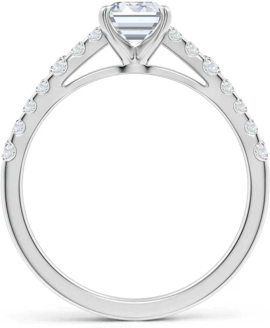 Angara Lab Grown Solitaire Emerald-Cut Diamond Station Engagement Ring in Silver / 14K Solid Gold/Platinum | April Birthstone, Birthday, Anniversary, Wedding Jewelry Gift for Women