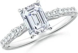 Angara Lab Grown Solitaire Emerald-Cut Diamond Station Engagement Ring in Silver / 14K Solid Gold/Platinum | April Birthstone, Birthday, Anniversary, Wedding Jewelry Gift for Women