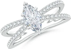 Angara Lab Grown Solitaire Marquise Diamond Crossover Shank Engagement Ring in Silver / 14K Solid Gold/Platinum | April Birthstone, Birthday, Anniversary, Wedding Jewelry Gift for Women