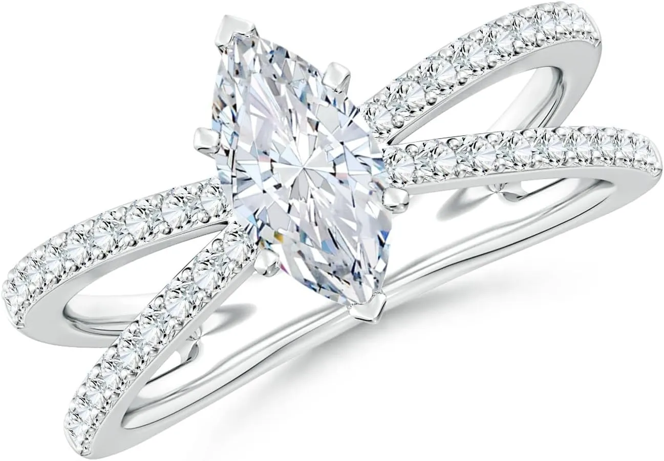 Angara Lab Grown Solitaire Marquise Diamond Crossover Shank Engagement Ring in Silver / 14K Solid Gold/Platinum | April Birthstone, Birthday, Anniversary, Wedding Jewelry Gift for Women
