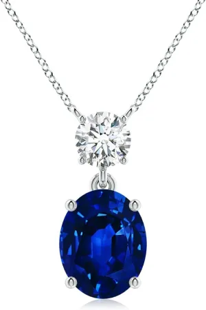 Angara Lab Grown Solitaire Oval Blue Sapphire Drop Pendant with Lab Diamond Accent in 14K Solid Gold/Platinum | September Birthstone, Birthday, Engagement, Anniversary Jewelry Gift for Women