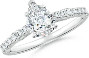 Angara Lab Grown Solitaire Pear Diamond Station Engagement Ring in Silver / 14K Solid Gold/Platinum | April Birthstone, Birthday, Anniversary, Wedding Jewelry Gift for Women