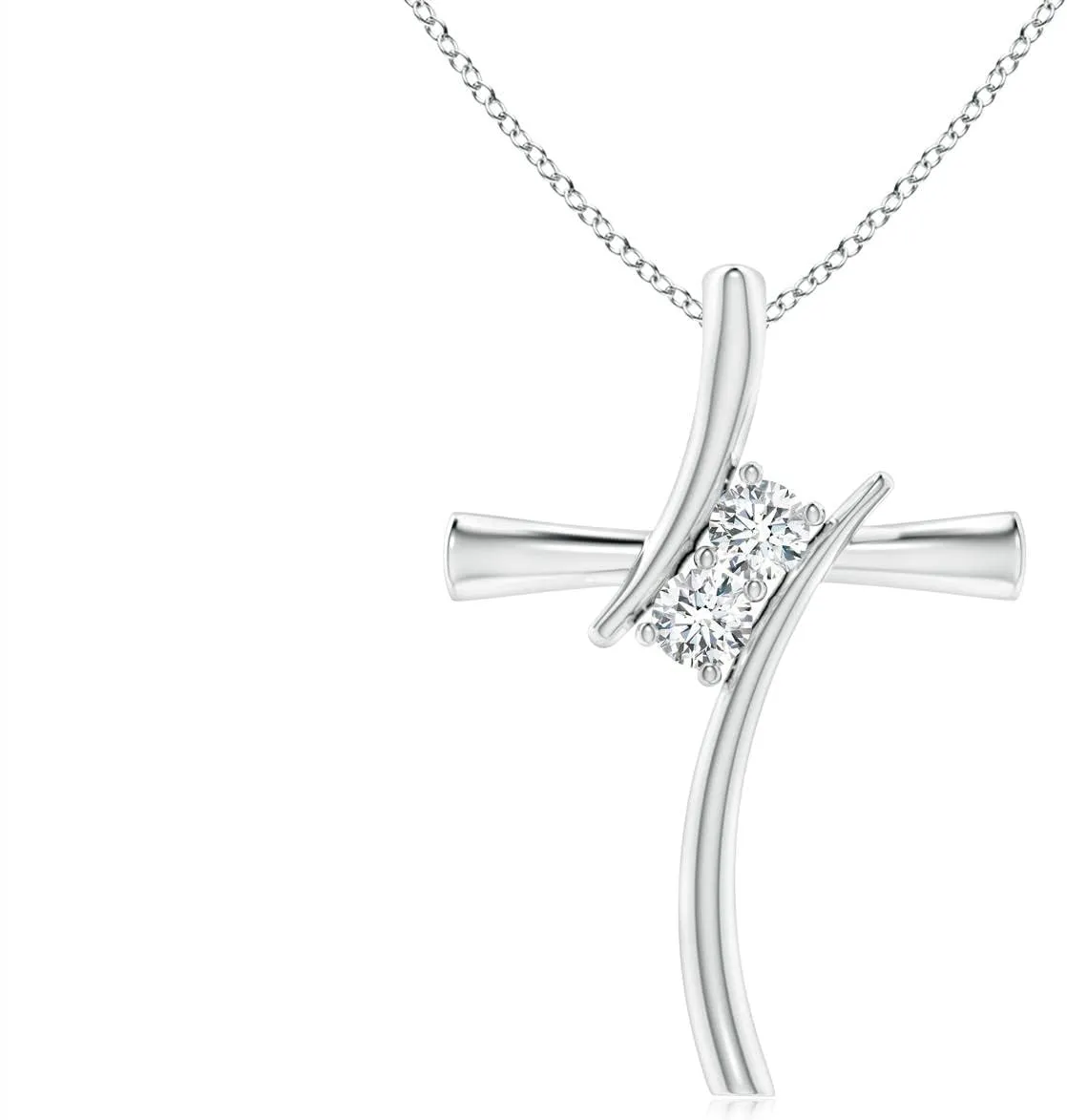 Angara Lab Grown Two Stone Diamond Bypass Cross Pendant in Silver / 14K Solid Gold/Platinum | April Birthstone, Birthday, Engagement, Anniversary, Wedding Jewelry Gift for Women