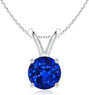 Angara Lab Grown V-Bale Round Blue Sapphire Solitaire Pendant in Silver / 14K Solid Gold/Platinum | September Birthstone, Birthday, Engagement, Anniversary, Wedding Jewelry Gift for Women