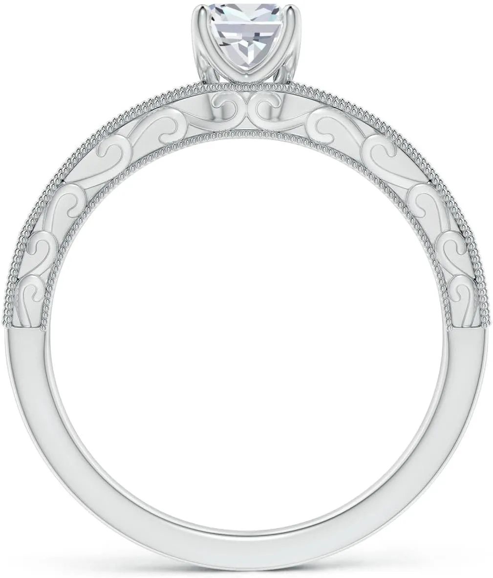 Angara Lab Grown Vintage Inspired Cushion Diamond Ring with Engraved Shank in Silver / 14K Solid Gold/Platinum | April Birthstone, Birthday, Engagement, Anniversary, Wedding Jewelry Gift for Women