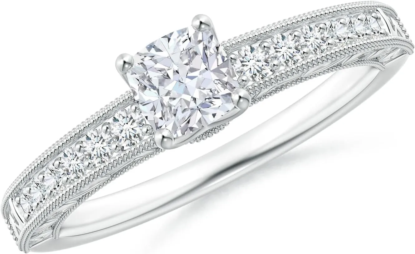 Angara Lab Grown Vintage Inspired Cushion Diamond Ring with Engraved Shank in Silver / 14K Solid Gold/Platinum | April Birthstone, Birthday, Engagement, Anniversary, Wedding Jewelry Gift for Women