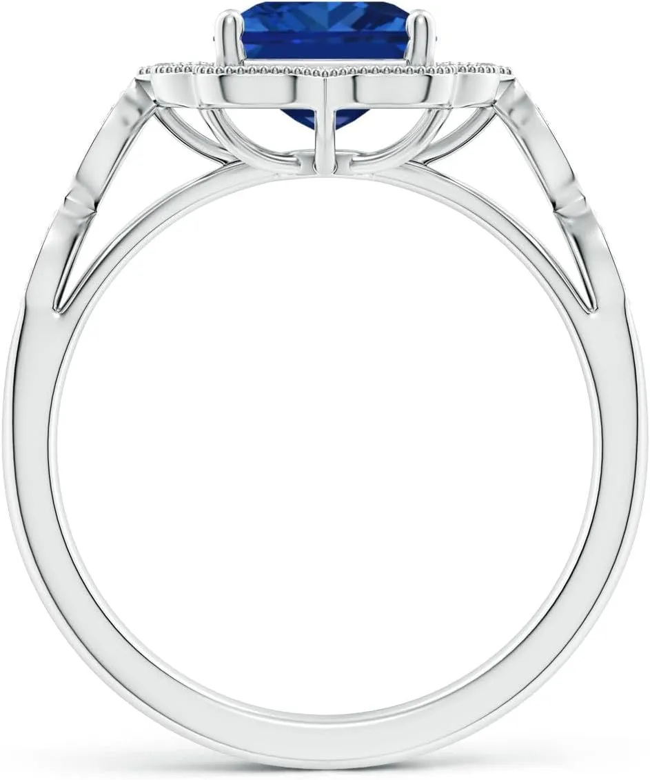 Angara Lab Grown Vintage Inspired Emerald-Cut Blue Sapphire Ornate Halo Engagement Ring in 14K Solid Gold/Platinum | September Birthstone, Birthday, Anniversary, Wedding Jewelry Gift for Women