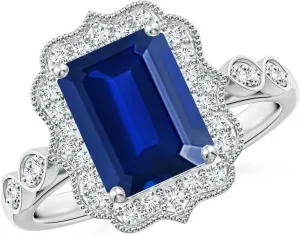 Angara Lab Grown Vintage Inspired Emerald-Cut Blue Sapphire Ornate Halo Engagement Ring in 14K Solid Gold/Platinum | September Birthstone, Birthday, Anniversary, Wedding Jewelry Gift for Women