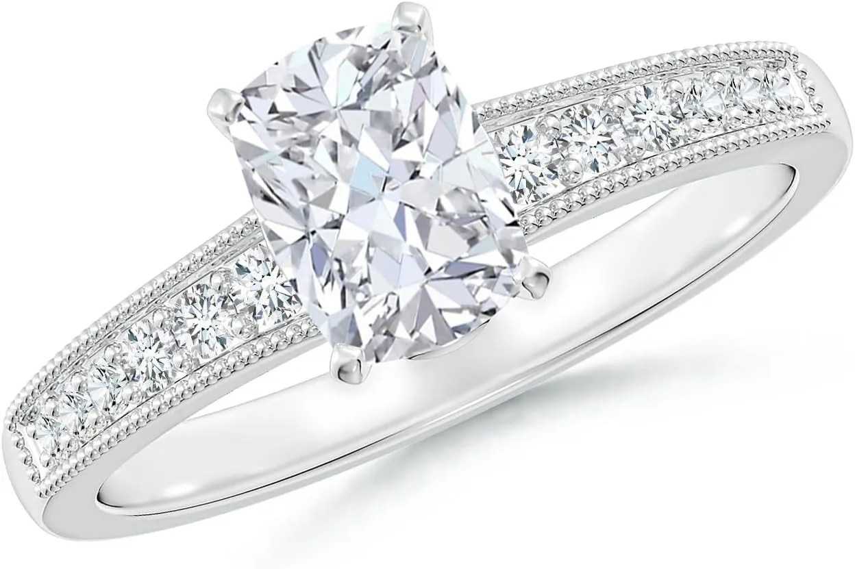 Angara Lab Grown Vintage Style Cushion Rectangular Diamond Engagement Ring with Accents in 14K Solid Gold/Platinum | April Birthstone, Birthday, Anniversary, Wedding Jewelry Gift for Women