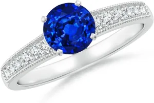 Angara Lab Grown Vintage Style Round Blue Sapphire Engagement Ring with Accents in 14K Solid Gold/Platinum | September Birthstone, Birthday, Anniversary, Wedding Jewelry Gift for Women