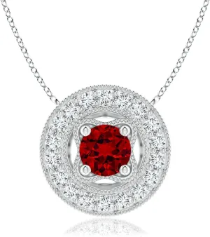 Angara Lab Grown Vintage Style Ruby Halo Pendant with Milgrain Detailing in Silver / 14K Solid Gold/Platinum | July Birthstone, Birthday, Engagement, Anniversary, Wedding Jewelry Gift for Women