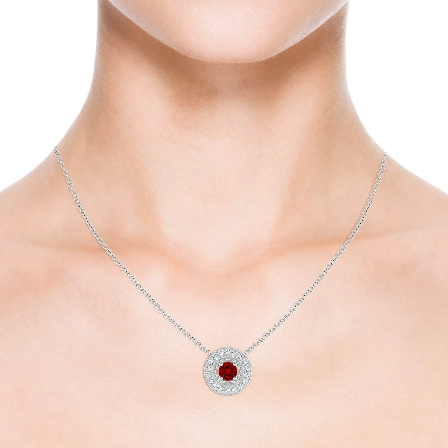 Angara Lab Grown Vintage Style Ruby Halo Pendant with Milgrain Detailing in Silver / 14K Solid Gold/Platinum | July Birthstone, Birthday, Engagement, Anniversary, Wedding Jewelry Gift for Women