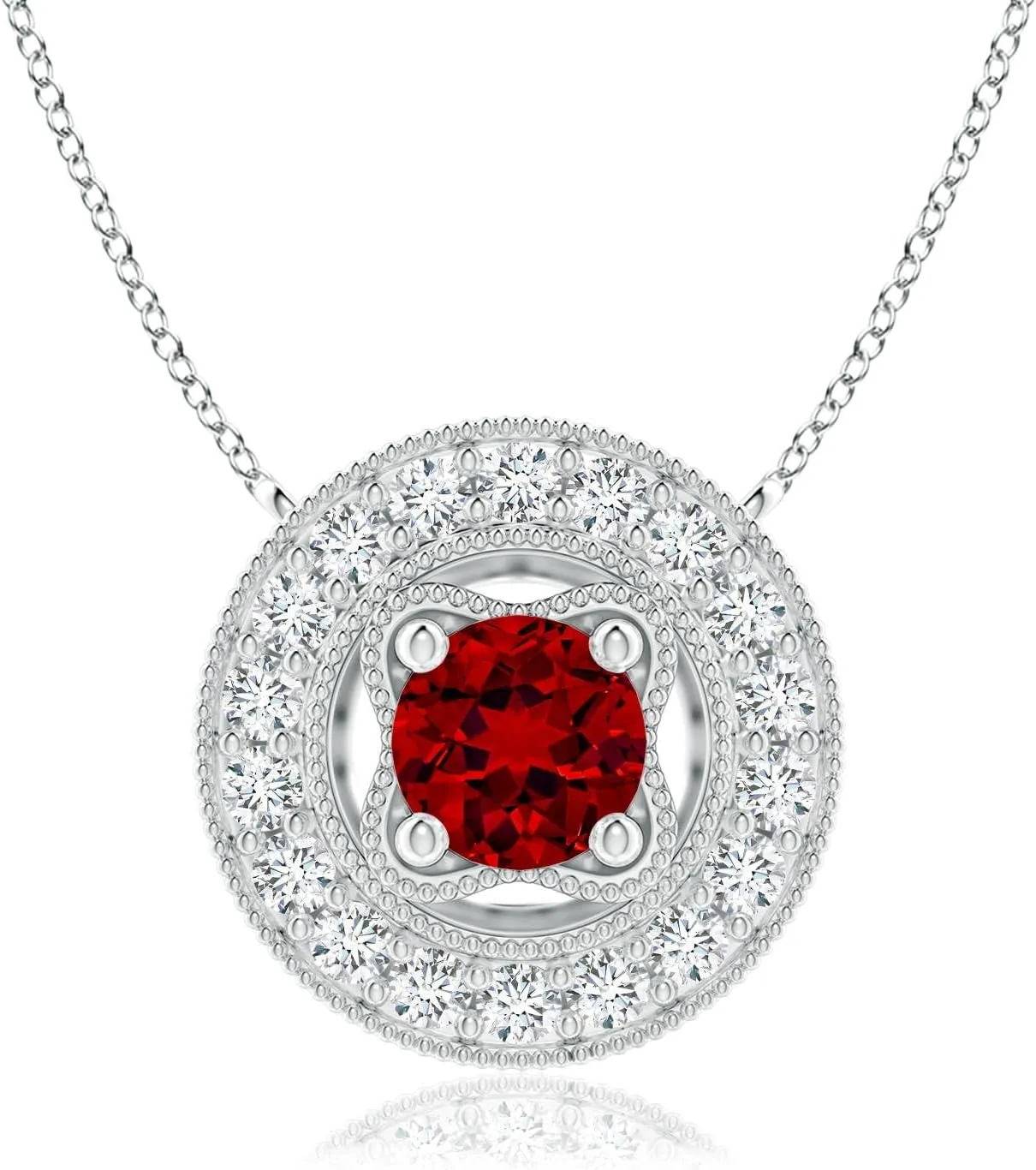 Angara Lab Grown Vintage Style Ruby Halo Pendant with Milgrain Detailing in Silver / 14K Solid Gold/Platinum | July Birthstone, Birthday, Engagement, Anniversary, Wedding Jewelry Gift for Women