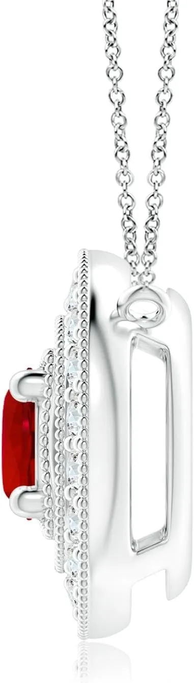 Angara Lab Grown Vintage Style Ruby Halo Pendant with Milgrain Detailing in Silver / 14K Solid Gold/Platinum | July Birthstone, Birthday, Engagement, Anniversary, Wedding Jewelry Gift for Women