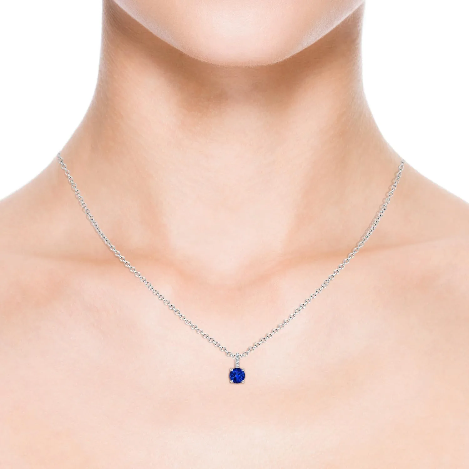 Angara Natural Solitaire Round Blue Sapphire Pendant with Diamond Bale in Silver / 14K Solid Gold/Platinum | Birthday, Engagement, Anniversary, Wedding Jewelry Gift for Women