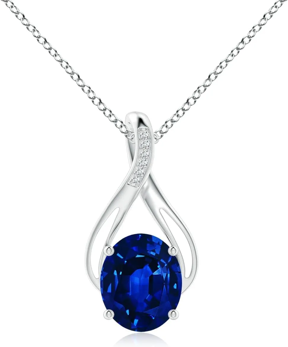 Angara Oval Lab Grown Blue Sapphire Infinity Twist Pendant with Diamonds in 14K Solid Gold/Platinum | September Birthstone, Birthday, Engagement, Anniversary, Wedding Jewelry Gift for Women