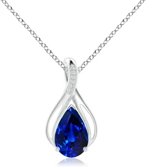 Angara Pear Lab Grown Blue Sapphire Infinity Twist Pendant with Diamonds in 14K Solid Gold/Platinum | September Birthstone, Birthday, Engagement, Anniversary, Wedding Jewelry Gift for Women