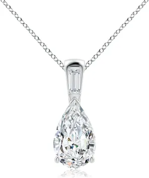 Angara Pear Lab Grown Diamond Pendant with Baguette Accent in 14K Solid Gold/Platinum | April Birthstone, Birthday, Engagement, Anniversary, Wedding Jewelry Gift for Women