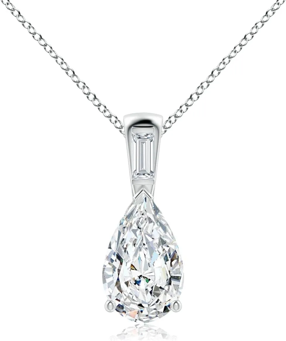 Angara Pear Lab Grown Diamond Pendant with Baguette Accent in 14K Solid Gold/Platinum | April Birthstone, Birthday, Engagement, Anniversary, Wedding Jewelry Gift for Women
