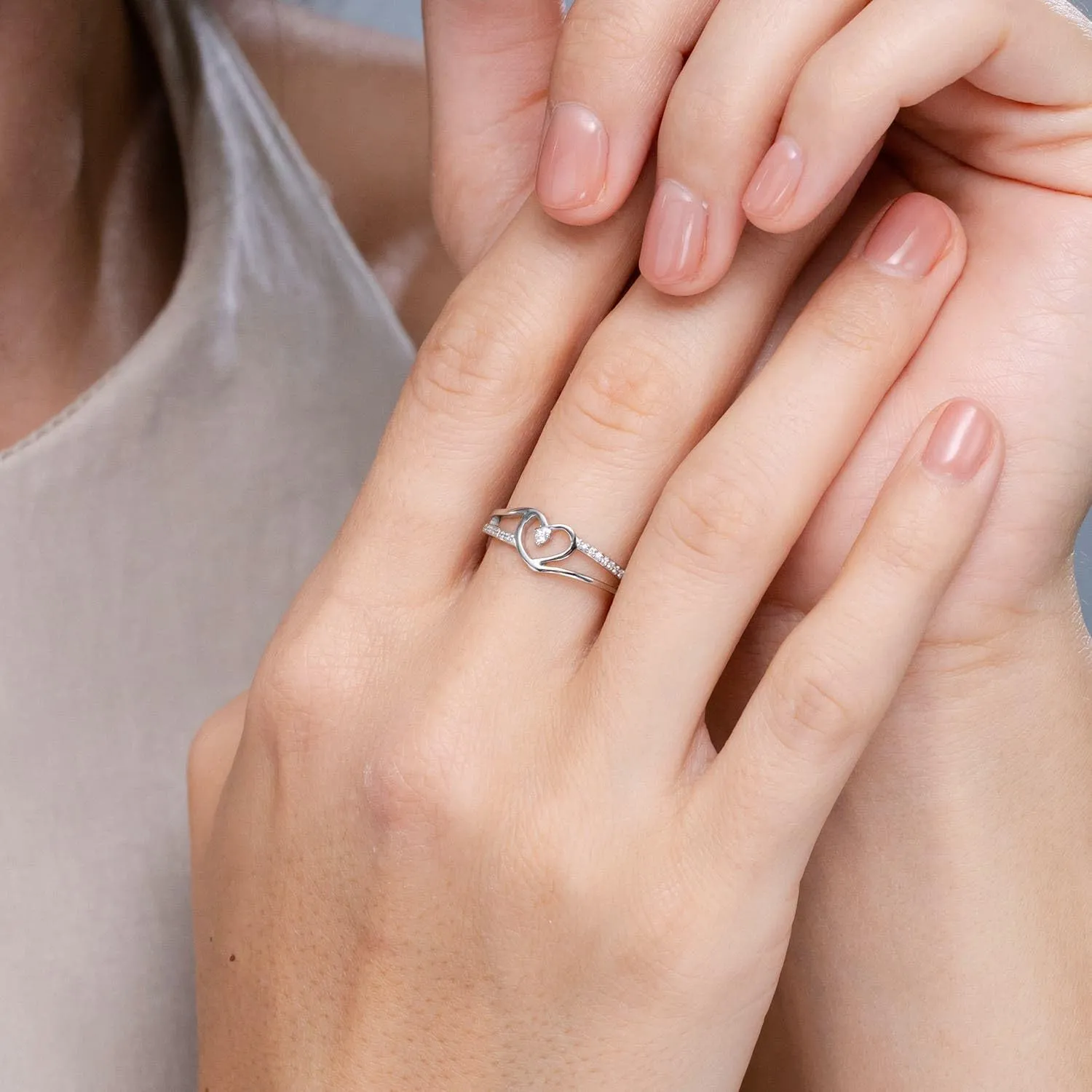 Angara Round Diamond Split Shank Heart Promise Ring in Silver / 14K Solid Gold/Platinum | April Birthstone, Birthday, Engagement, Anniversary Jewelry for Women