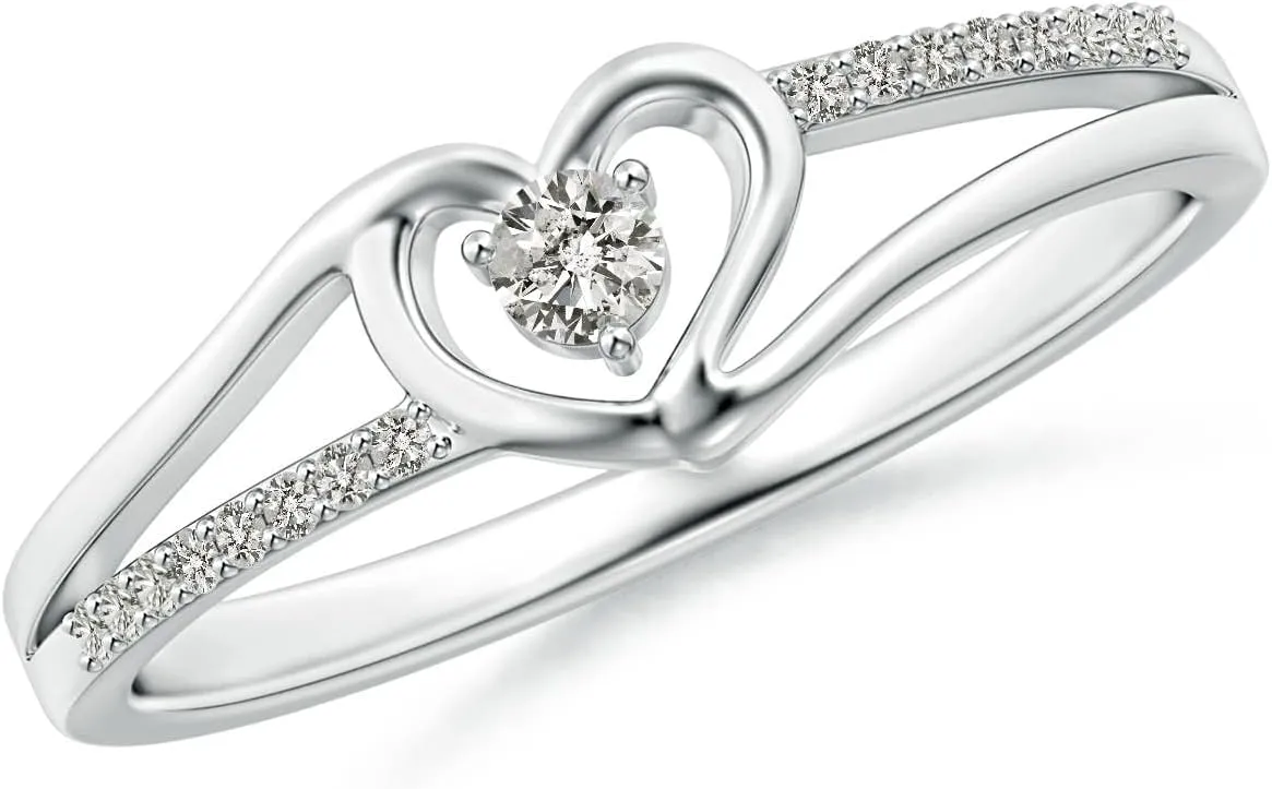 Angara Round Diamond Split Shank Heart Promise Ring in Silver / 14K Solid Gold/Platinum | April Birthstone, Birthday, Engagement, Anniversary Jewelry for Women