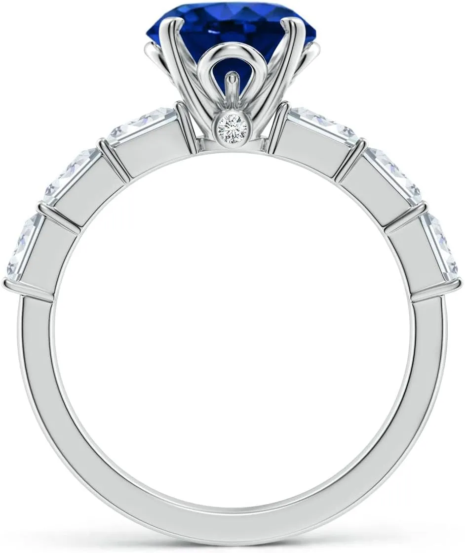 Angara Round Lab Grown Blue Sapphire Engagement Ring with Diamond Accents in 14K Solid Gold/Platinum | September Birthstone, Birthday, Anniversary, Wedding Jewelry Gift for Women