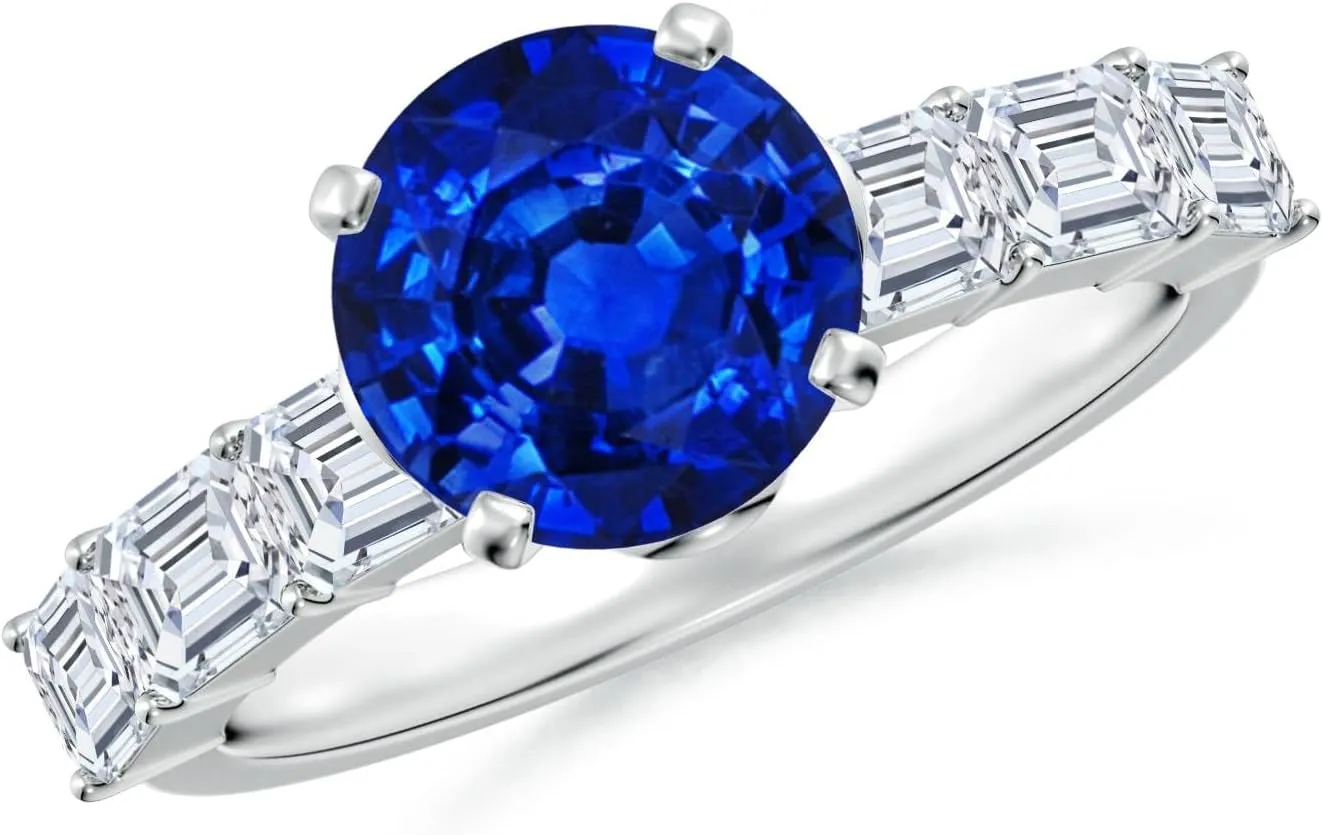 Angara Round Lab Grown Blue Sapphire Engagement Ring with Diamond Accents in 14K Solid Gold/Platinum | September Birthstone, Birthday, Anniversary, Wedding Jewelry Gift for Women