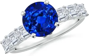 Angara Round Lab Grown Blue Sapphire Engagement Ring with Diamond Accents in 14K Solid Gold/Platinum | September Birthstone, Birthday, Anniversary, Wedding Jewelry Gift for Women