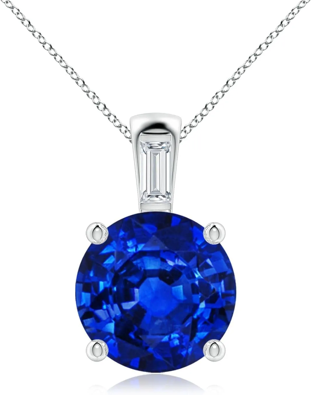 Angara Round Lab Grown Blue Sapphire Pendant with Baguette Diamond in 14K Solid Gold/Platinum | September Birthstone, Birthday, Engagement, Anniversary, Wedding Jewelry Gift for Women